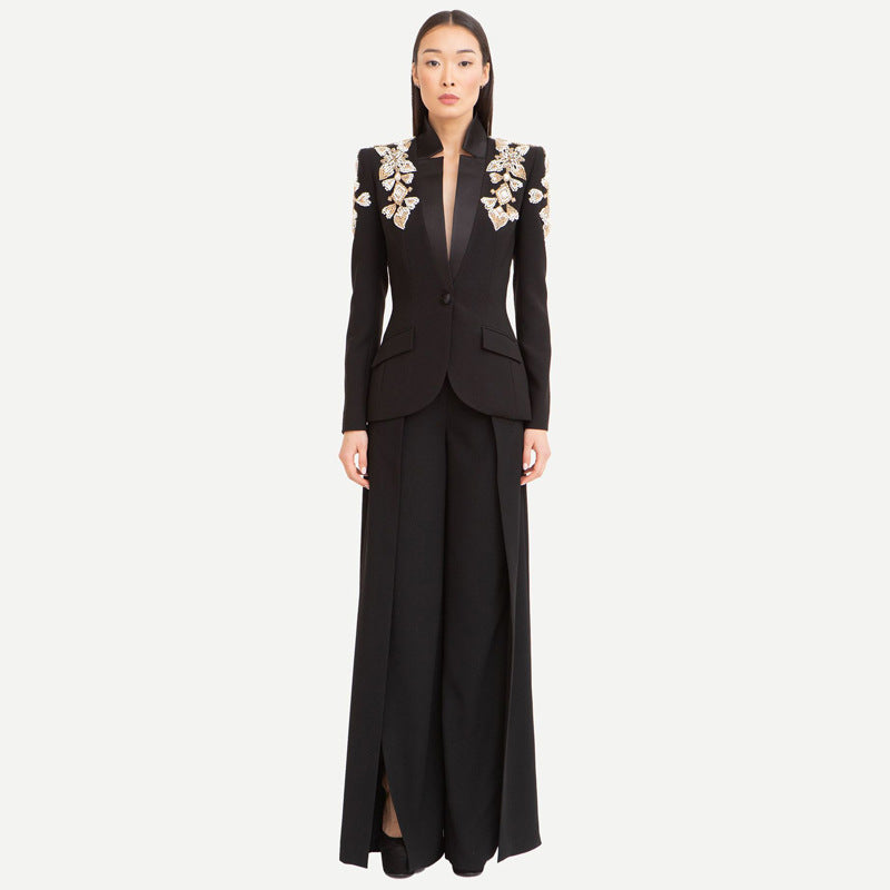 Crystal Floral Long Sleeve Suit Black HV1484