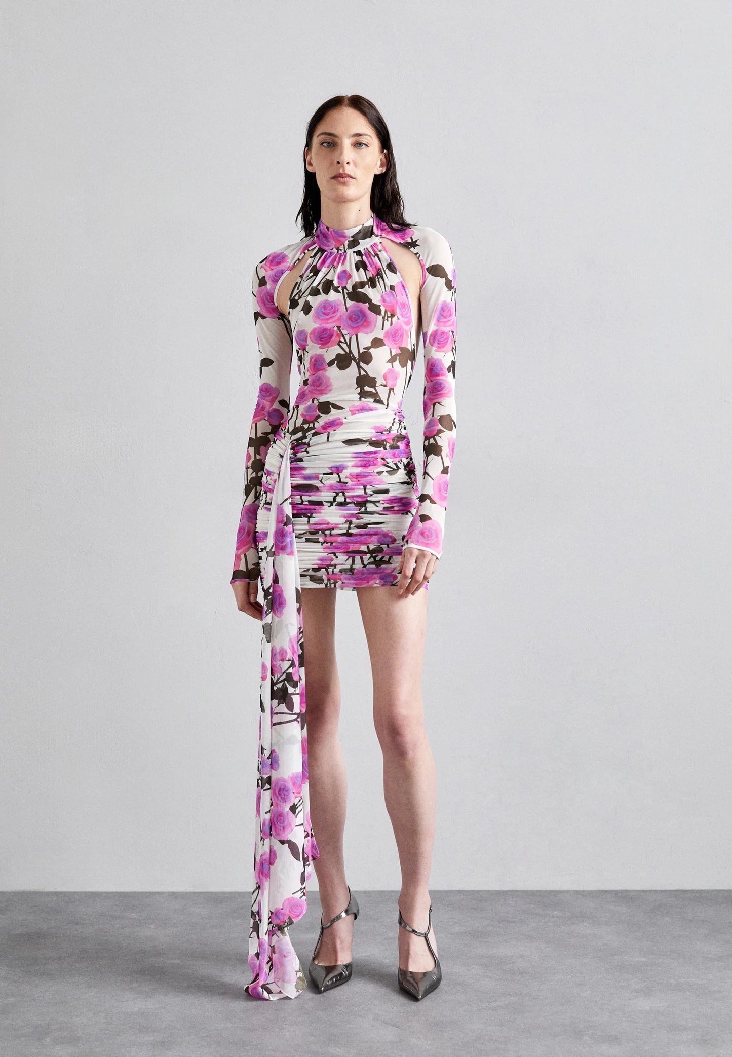 Long Sleeve Floral Backless Dress Pink HV1938
