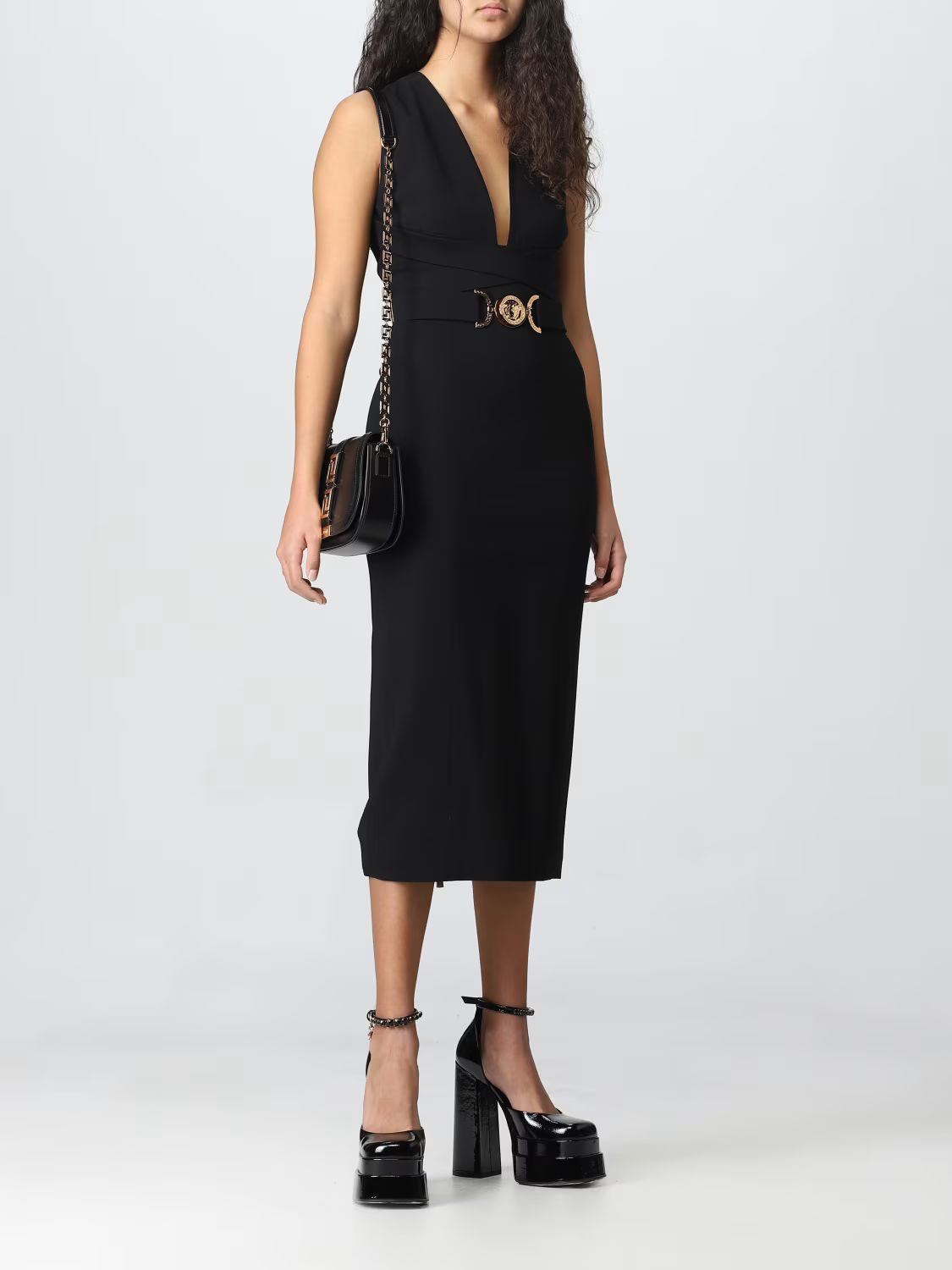 Plunge V Neck Belt Detail Midi Dress Black HV1220