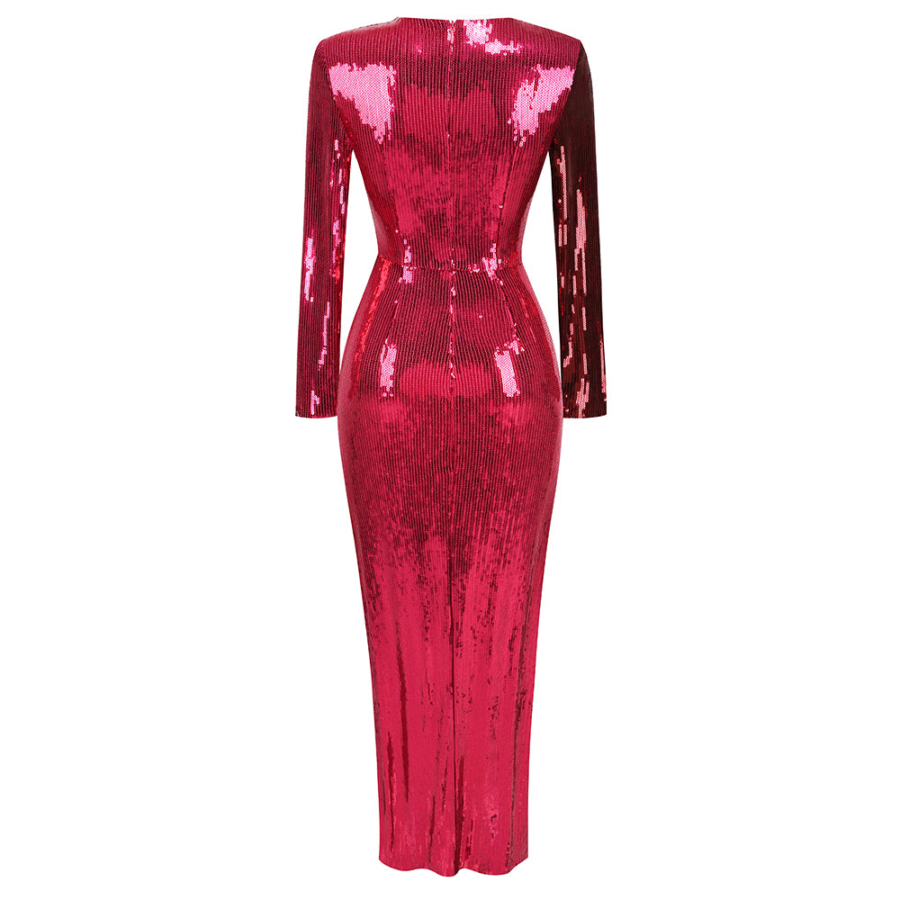 Long Sleeve Sequin Ruched Maxi Dress HV1072