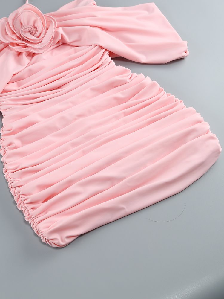 Halter Floral Detail Draped Dress Pink HV1589