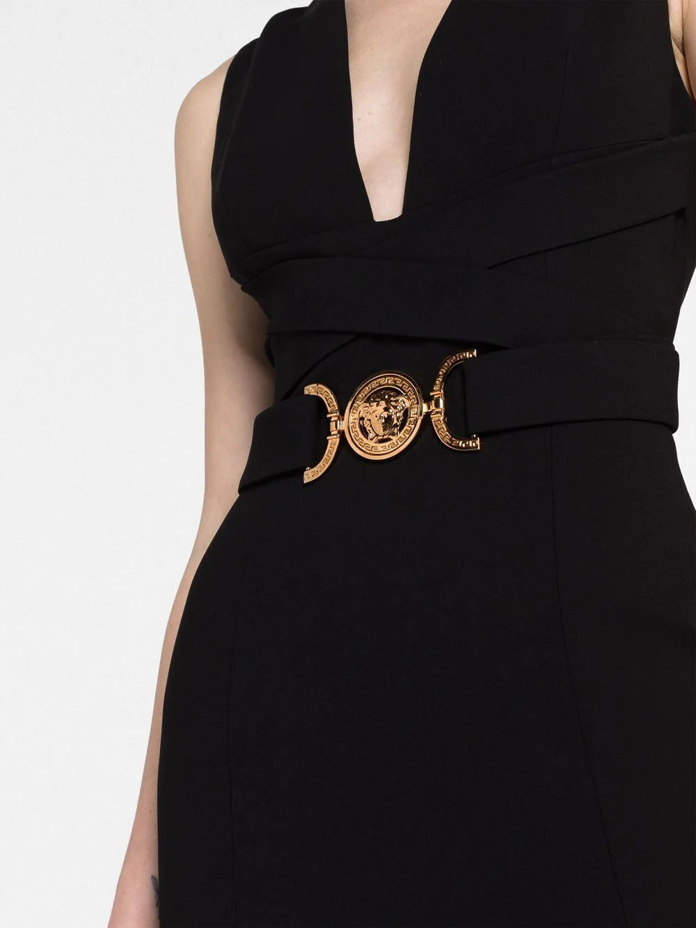 Plunge V Neck Belt Detail Midi Dress Black HV1220