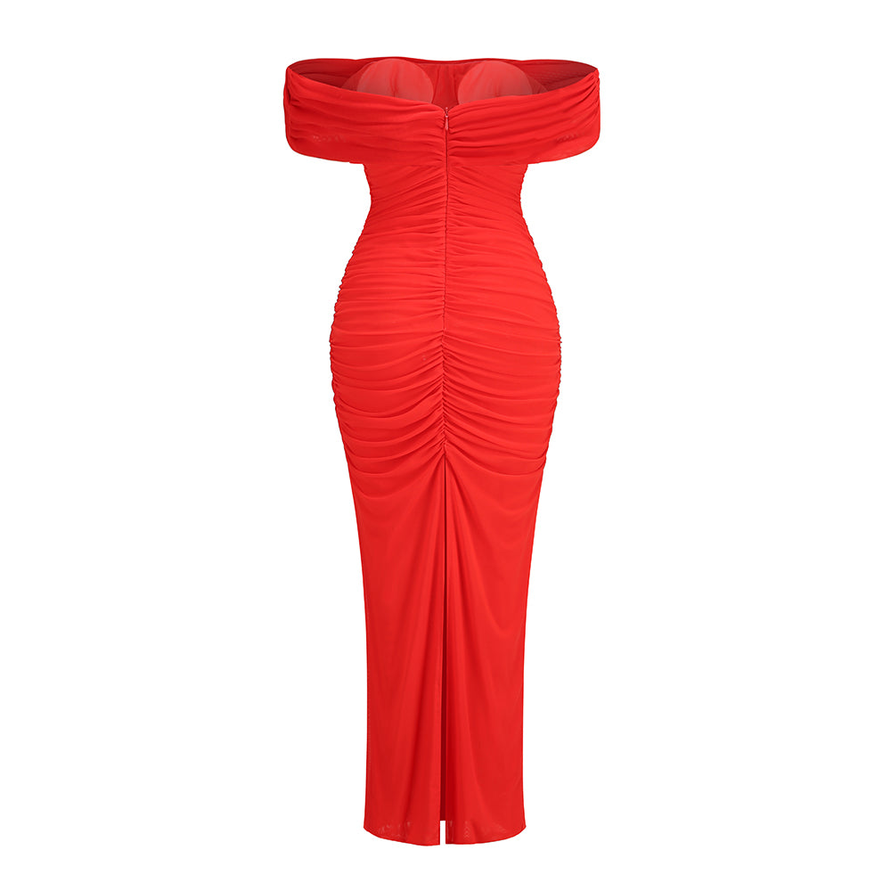 Draped Bardot Maxi Dress Red