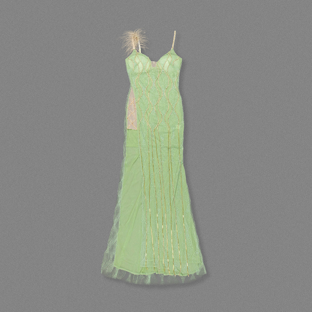 Feather Detail Maxi Dress Green Gold HV2228