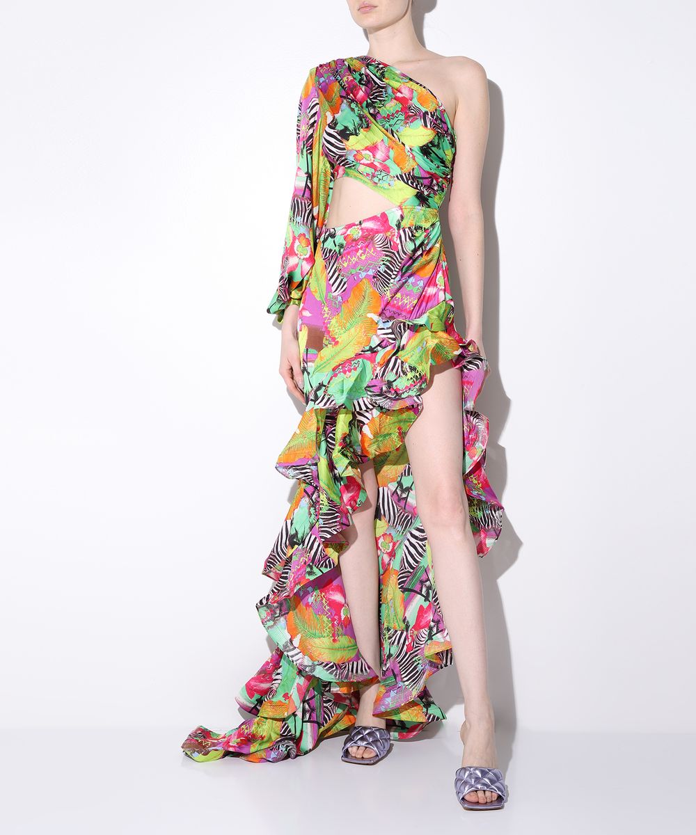 One Sleeve Floral Ruffle Maxi Dress Hot Pink Lime HV1389