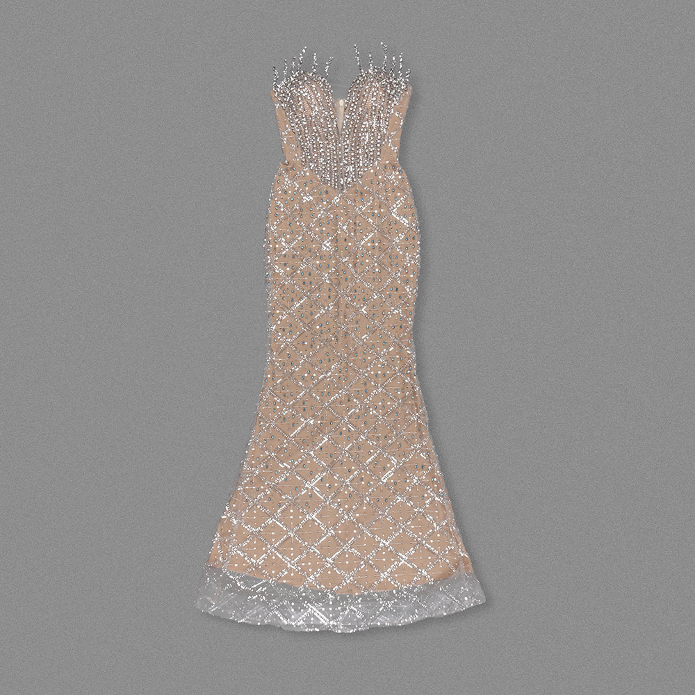 Strapless Crystal Sequin Bustier Maxi Dress Nude HV2145