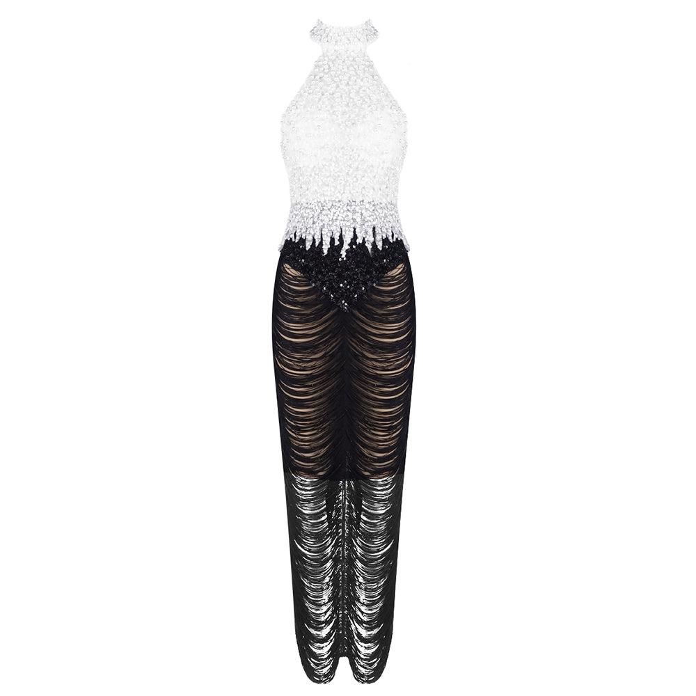 Pearl Sequin Tassel Maxi Dress White Black HV2129