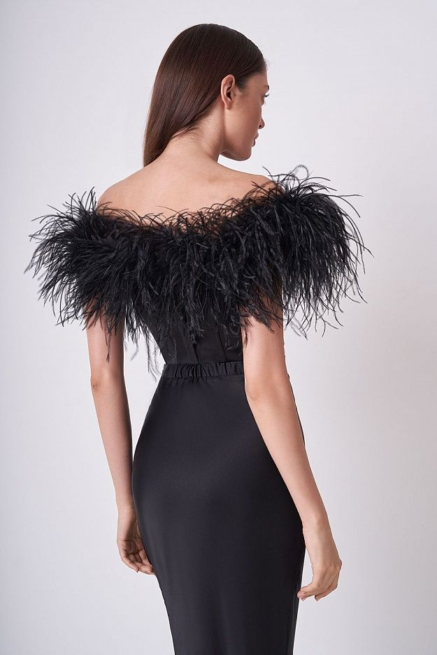 Feather Off Shoulder Mermaid Maxi Dress Black HV9955