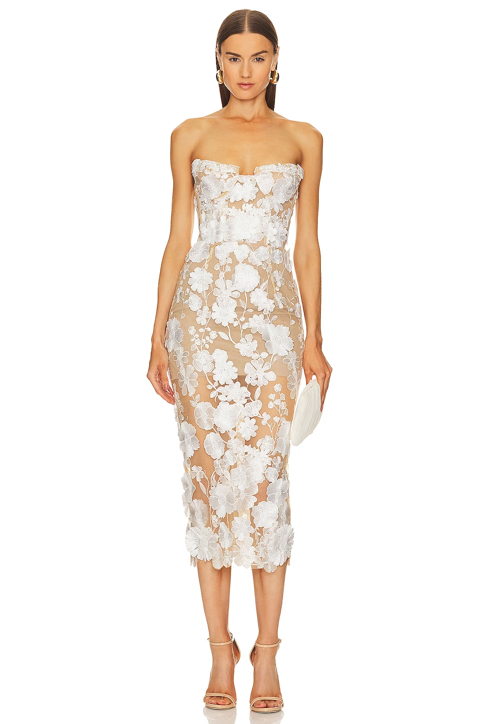 Strapless Bustier Floral Lace Midi Dress White HV1017