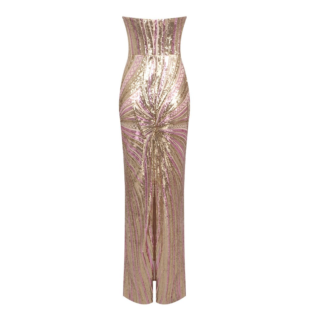 Strapless Sequin Maxi Dress Silver Gold HV1783