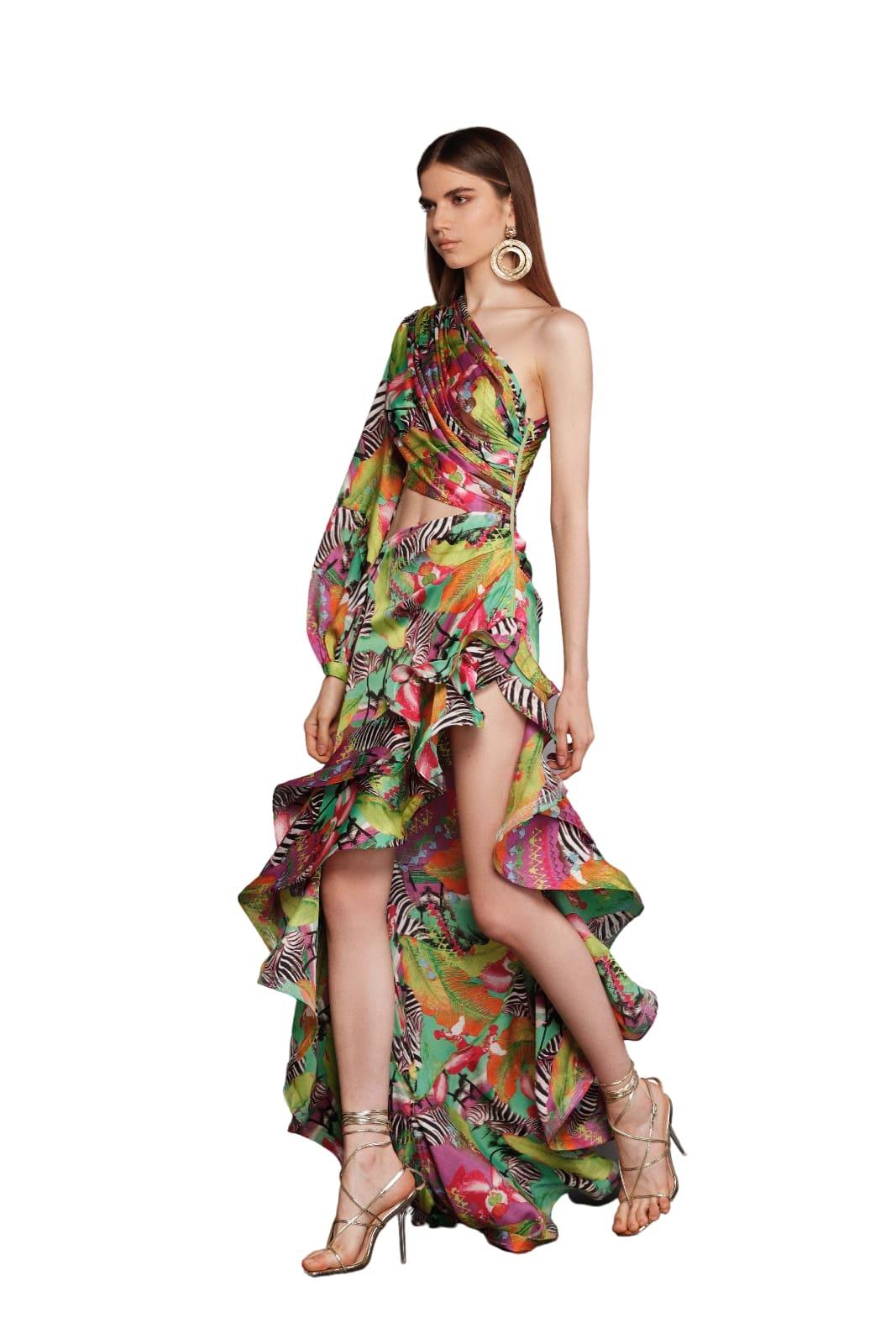 One Sleeve Floral Ruffle Maxi Dress Hot Pink Lime HV1389