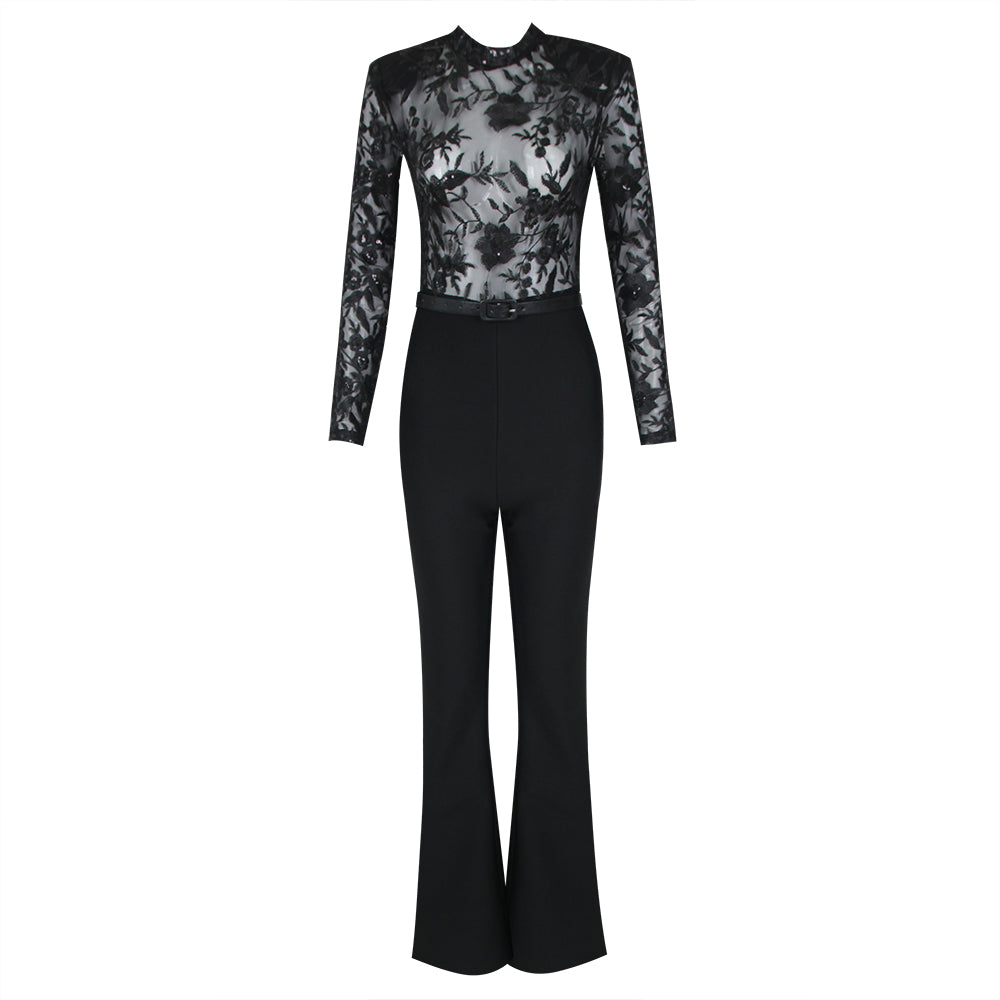 Long Sleeve Lace Sequin Jumpsuit Black HV1135
