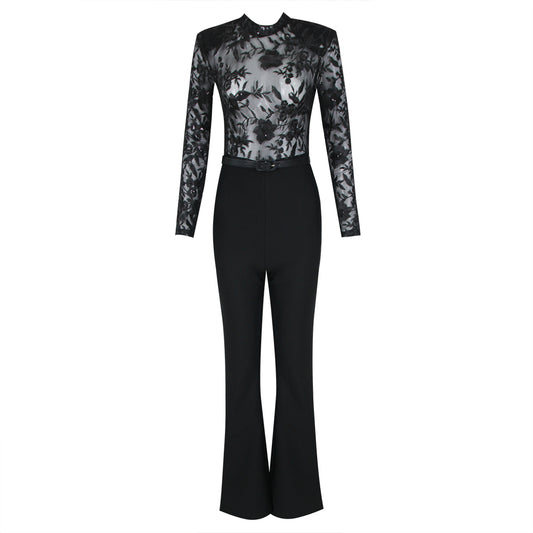 Long Sleeve Lace Sequin Jumpsuit Black HV1135