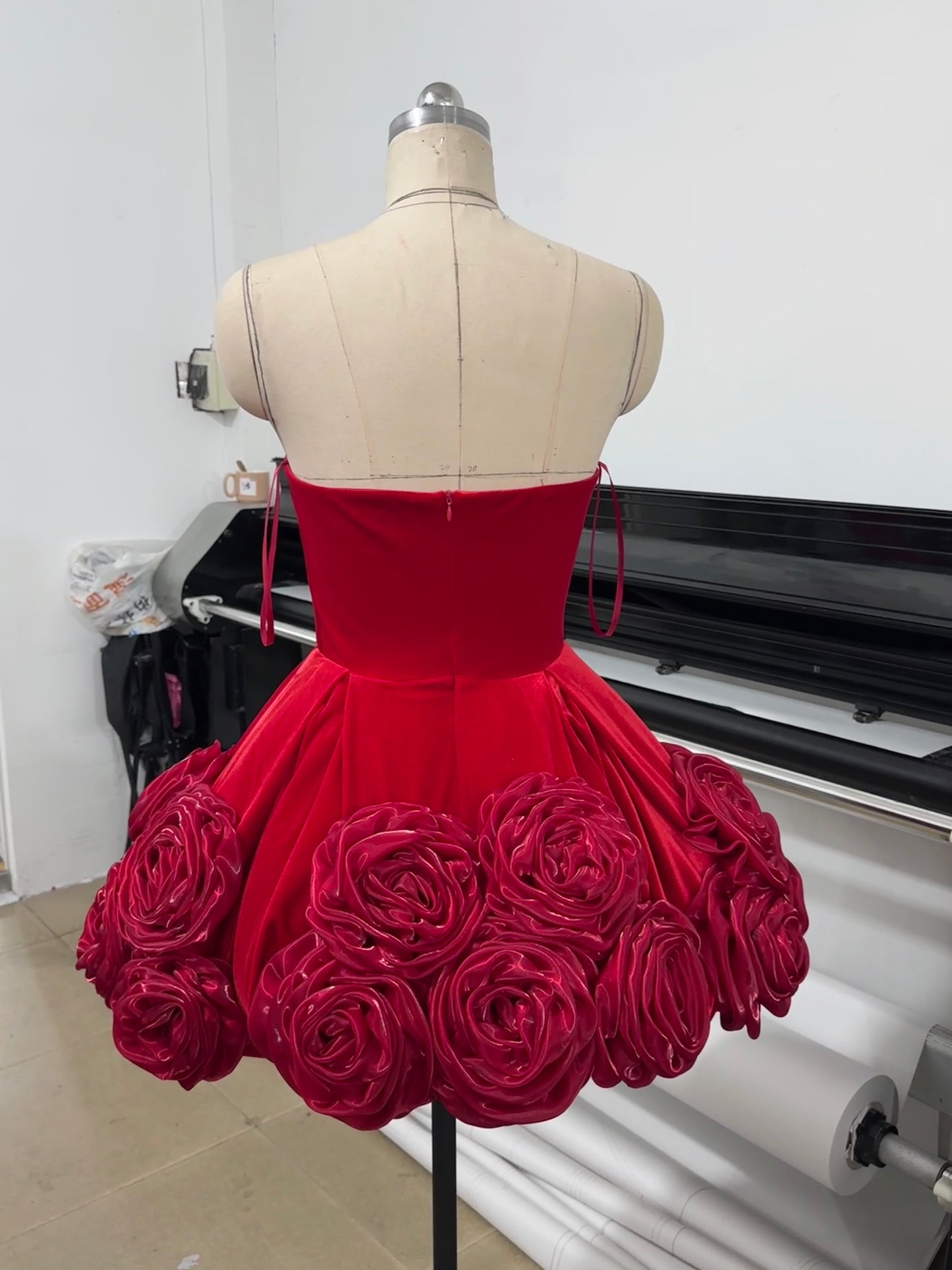 Strapless Floral A Line Velvet Dress Red