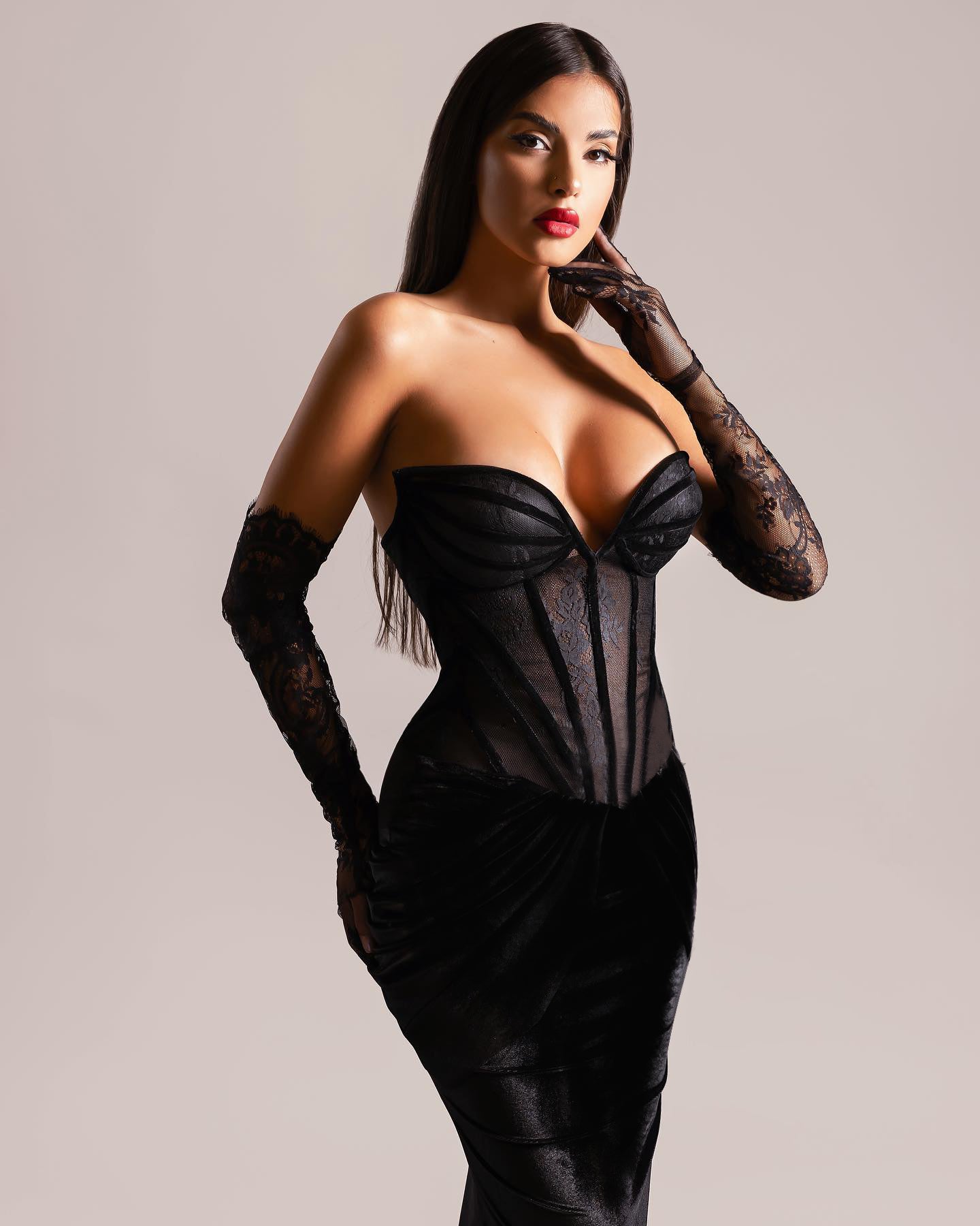 Strapless Lace Corset Maxi Velvet Dress Black HV1317