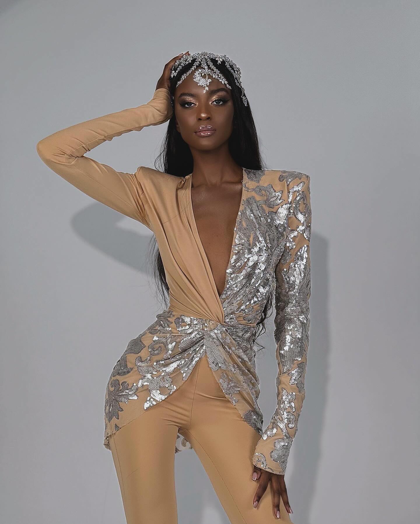 Long Sleeve Sequin Jumpsuit Sand Silver HV2059