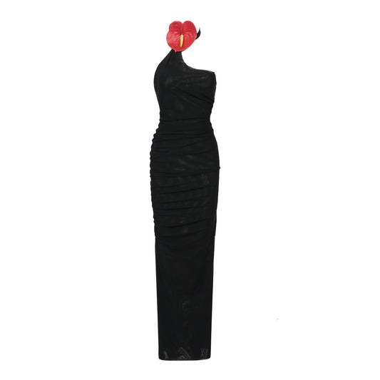 Halter Laceleaf Ruched Maxi Dress Black HV9327
