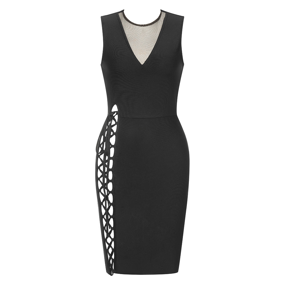 Lace Up Detail Sparkly Mesh Dress Black HV9556