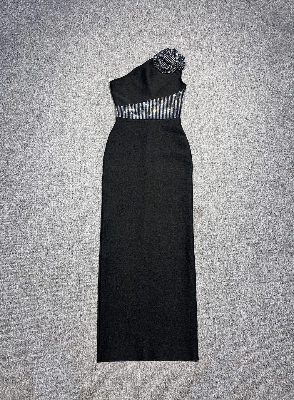 One Shoulder Crystal Floral Detail Maxi Dress Black