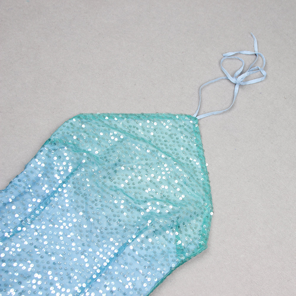 Halter Sequin Feather Hem Dress Blue HV9881
