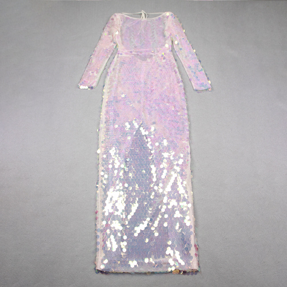 Long Sleeve Big Sequins Backless Maxi Dress Duochrome