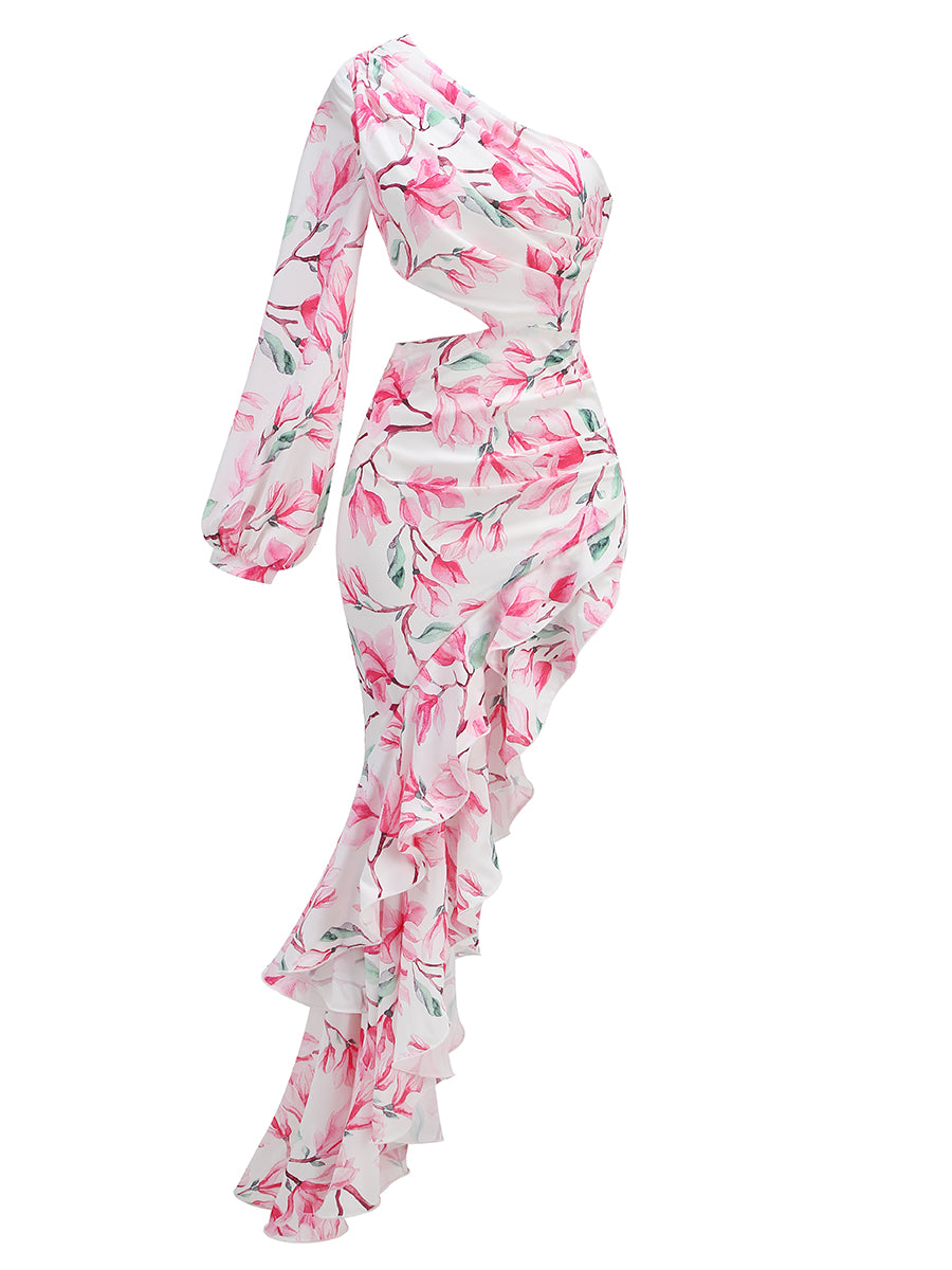 One Sleeve Floral Ruffle Maxi Dress Rose Pink HV1367