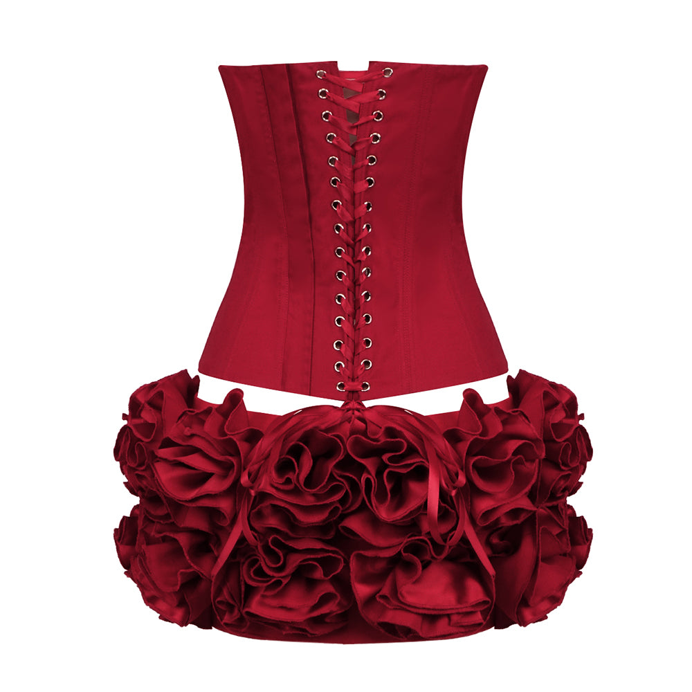 Strapless Corset Floral Ruffle Two Piece Dress Red HV1645
