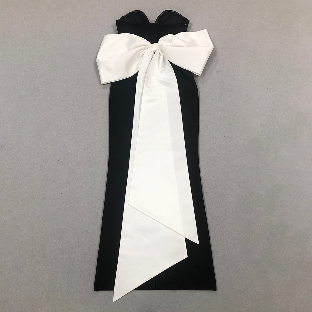 Strapless Bustier Bow Detail Maxi Dress Black White HV10110