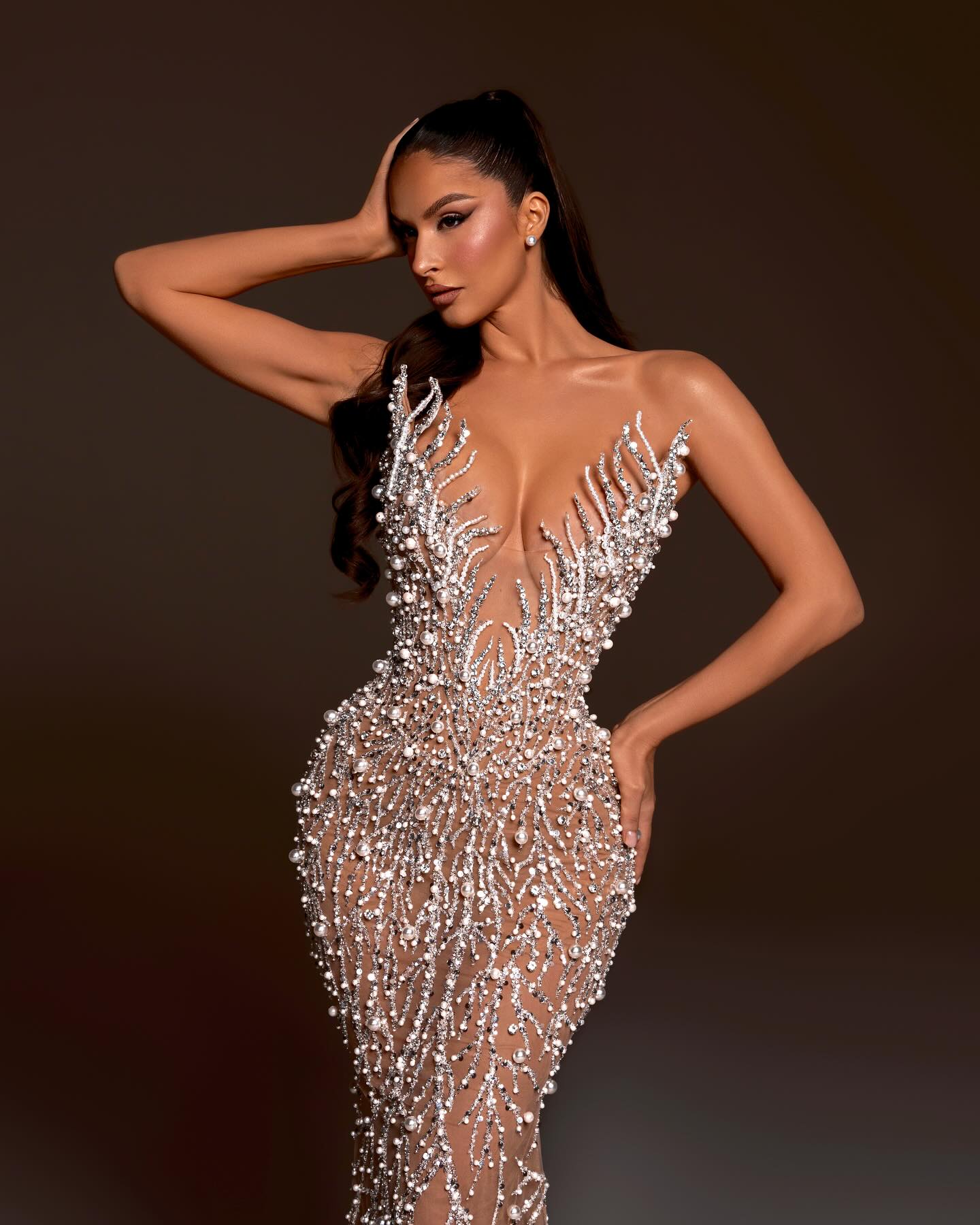 Strapless Crystal Pearl Sequin Maxi Dress Nude HV2146