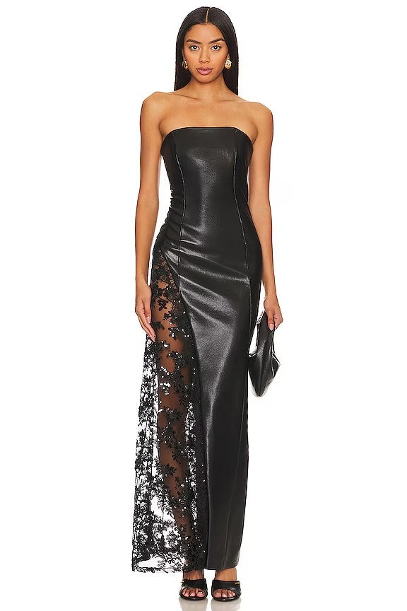 Strapless Sequin Lace Maxi Faux Leather Dress Black