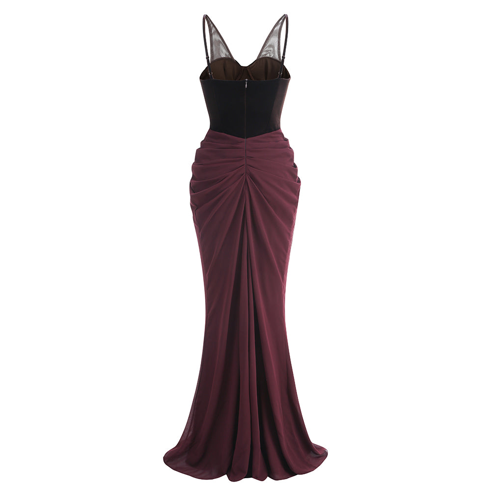 Velvet Bustier Draped Maxi Dress Brown HV2136
