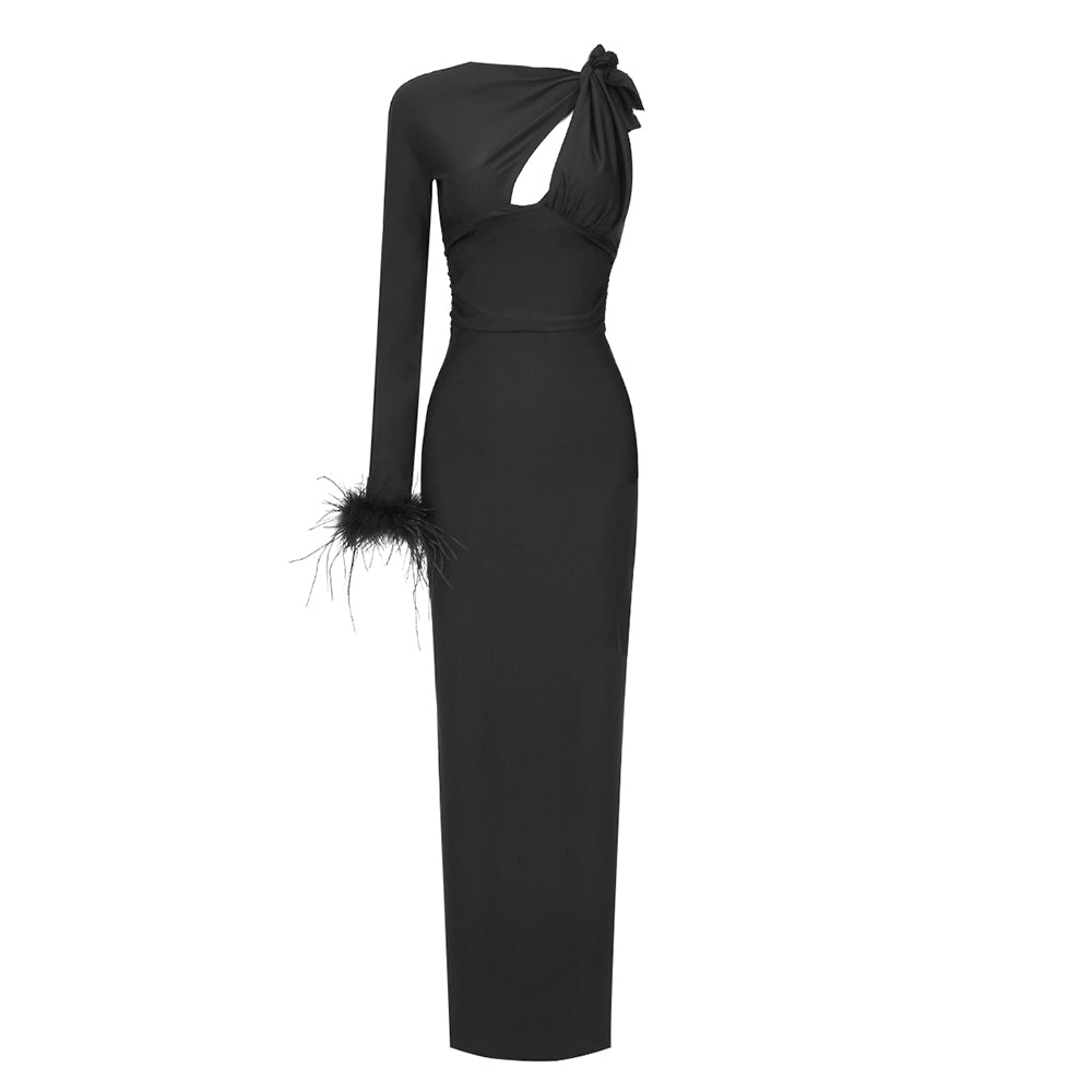 One Sleeve Feather Maxi Dress Black HV1081