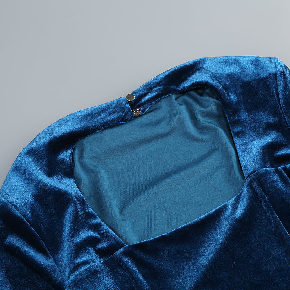 Feather Long Sleeve Velvet Dress Blue