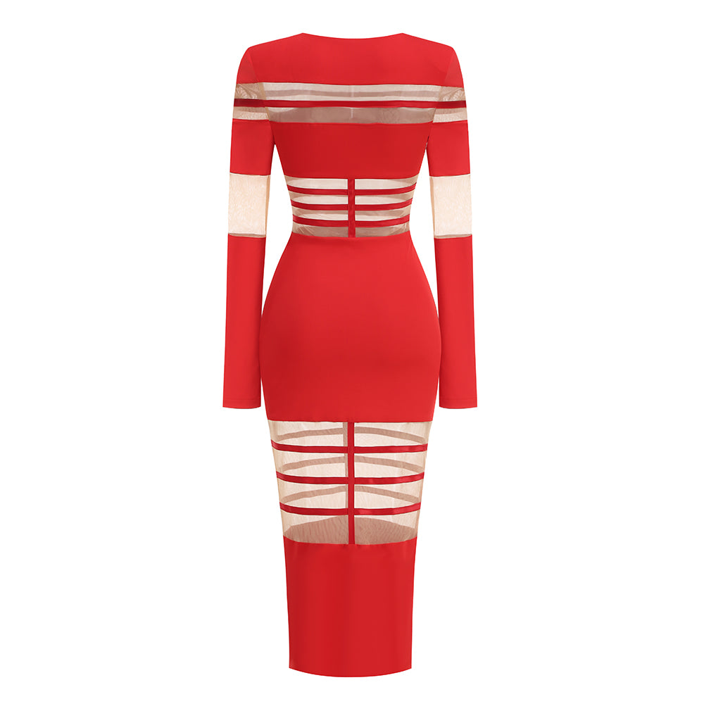 Long Sleeve Mesh Insert Midi Dress HV1502