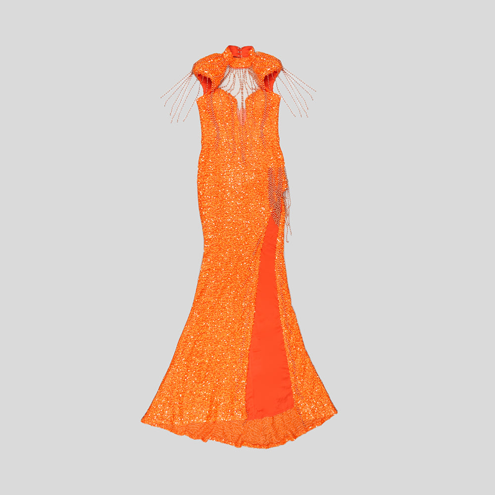 Tassel Detail Sequin Mermaid Maxi Dress Orange HV9848