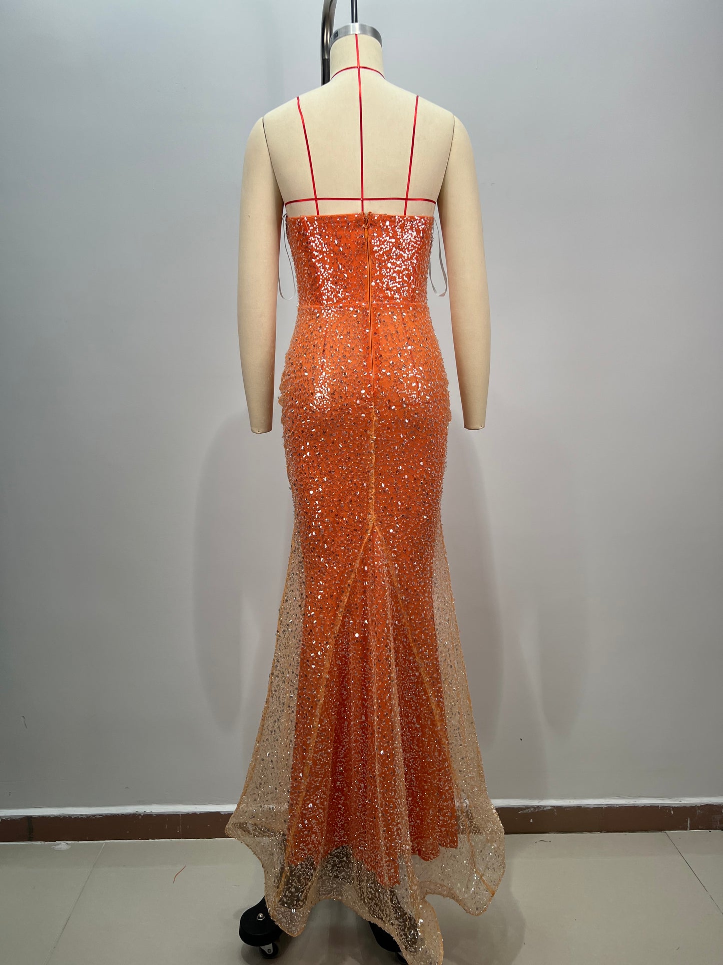 Strapless Crystal Sequin Maxi Dress Orange HV1756
