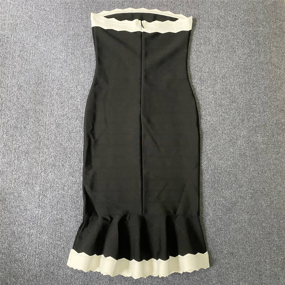 Strapless Scalloped Fluted Midi Dress Black White HV1334