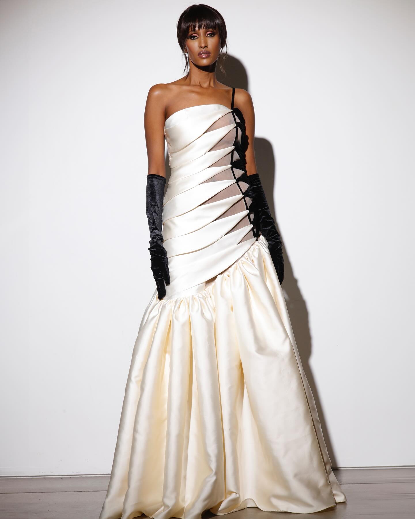 One Shoulder Velvet Insert Maxi Dress Black White HV2075