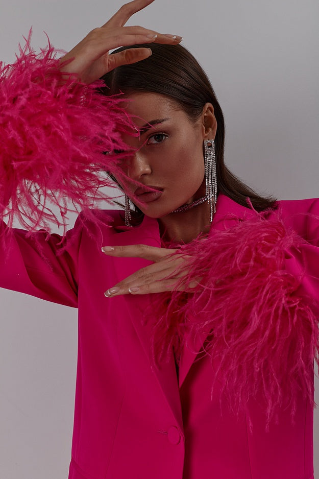 Long Sleeve Feather Detail Suit Hot Pink HV1267