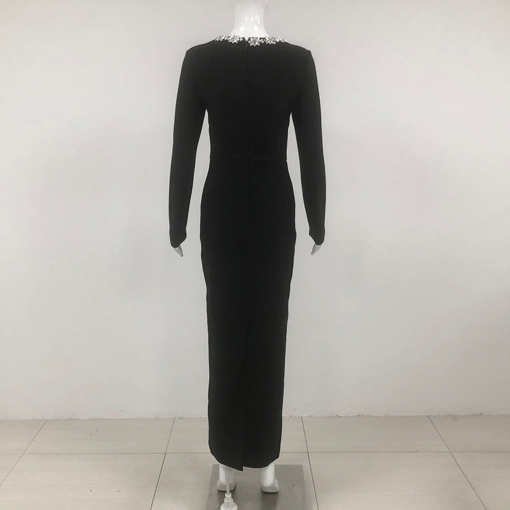 Long Sleeve Crystal Maxi Dress Black HV1807