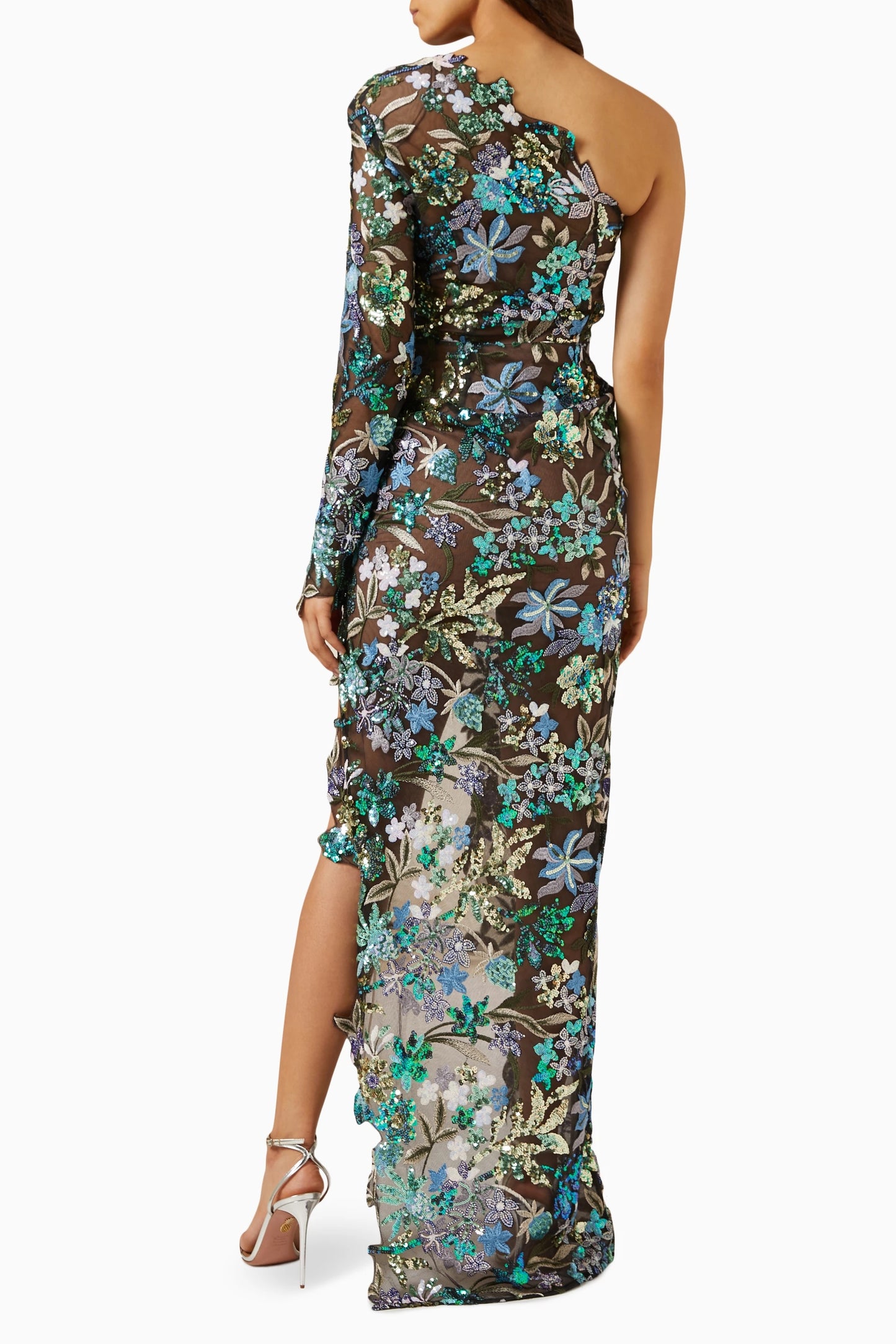 One Sleeve Sequin Floral Maxi Dress HV1608