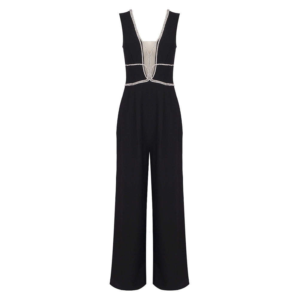 Crystal Trim Jumpsuit Black HV1040