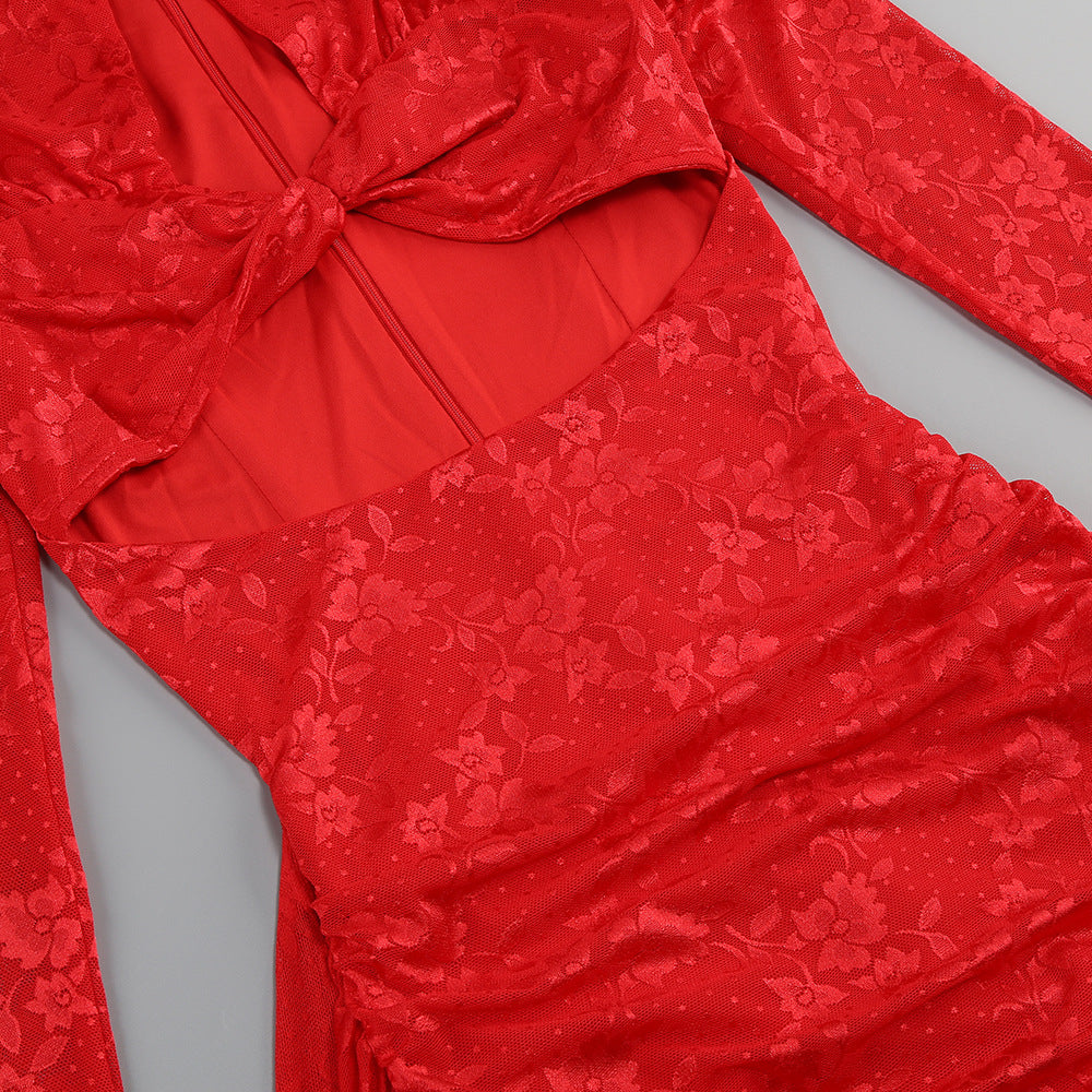 Long Sleeve Draped Lace Dress Red