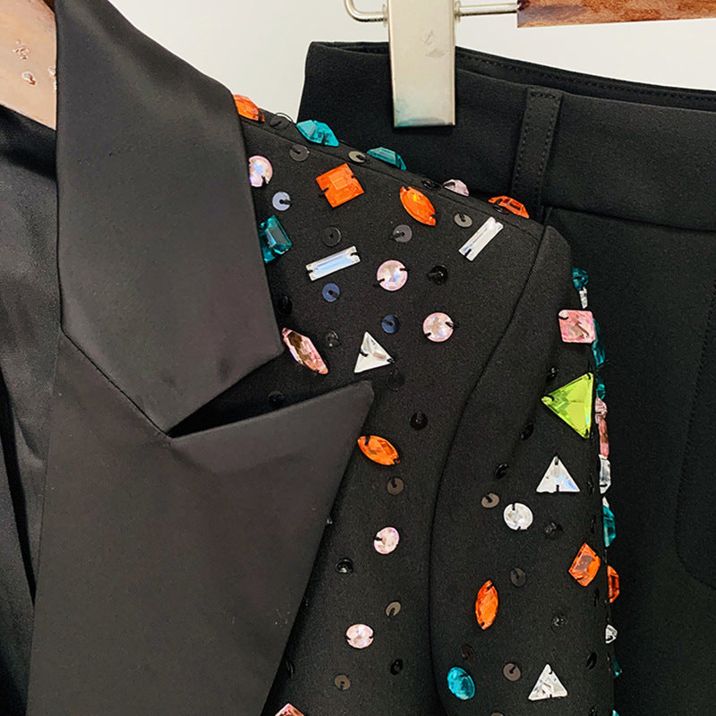 Long Sleeve Crystal Sequin Suit Black