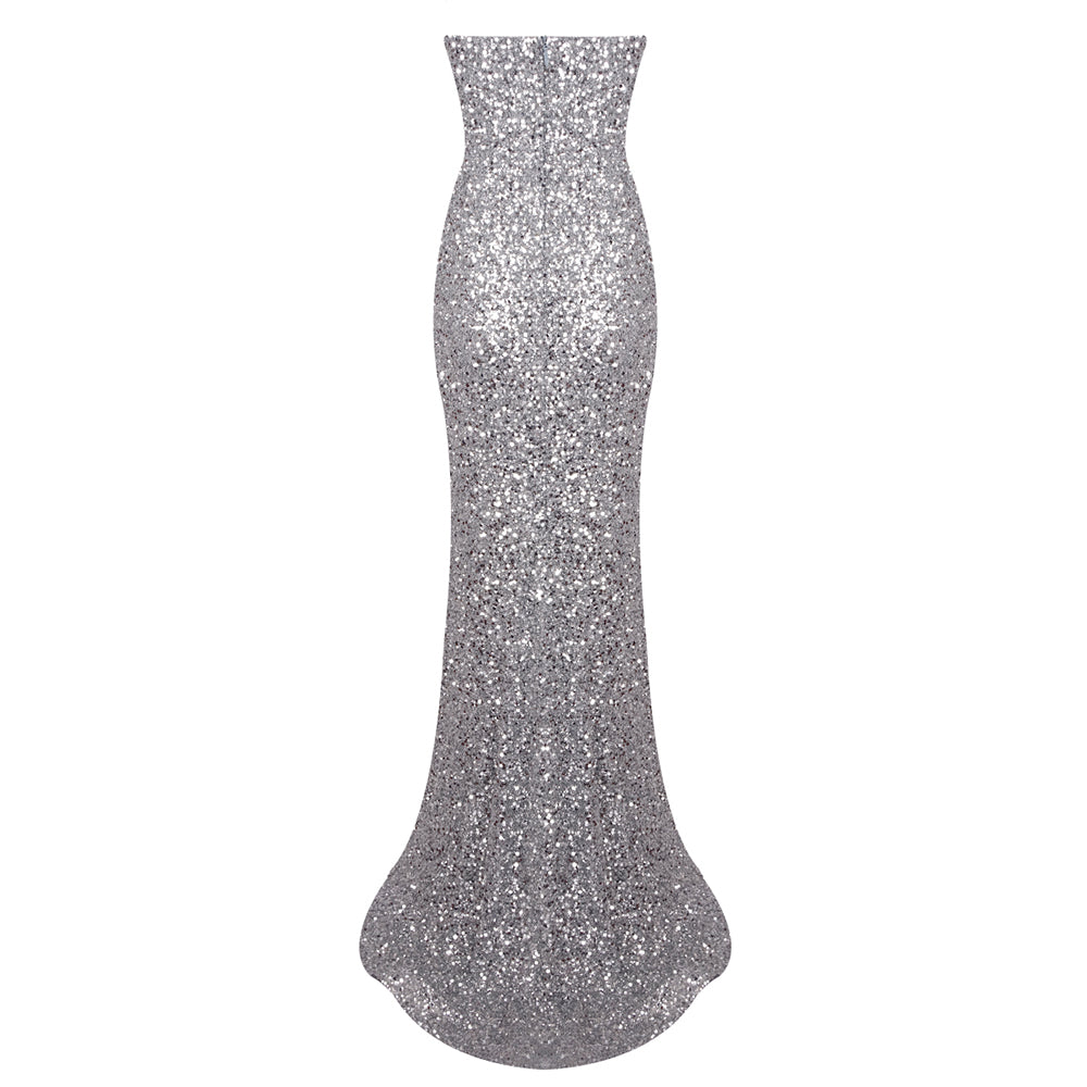 Strapless Sequin Maxi Mermaid Dress Silver HV1759