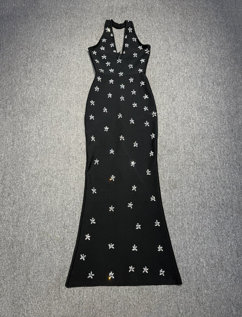 Halter Crystals Maxi Dress Black HV2341