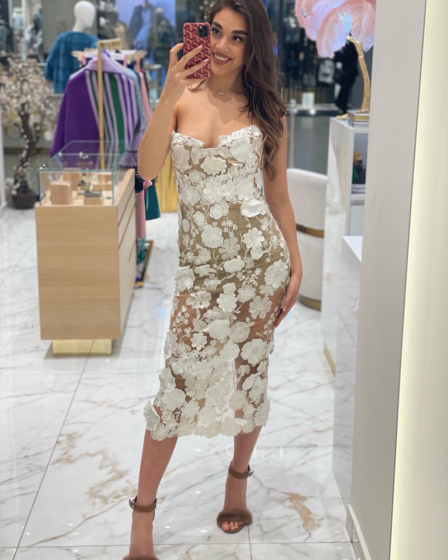 Strapless Bustier Floral Lace Midi Dress White HV1017
