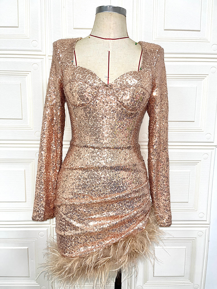 Long Sleeve Bustier Feather Sequin Dress HV8913
