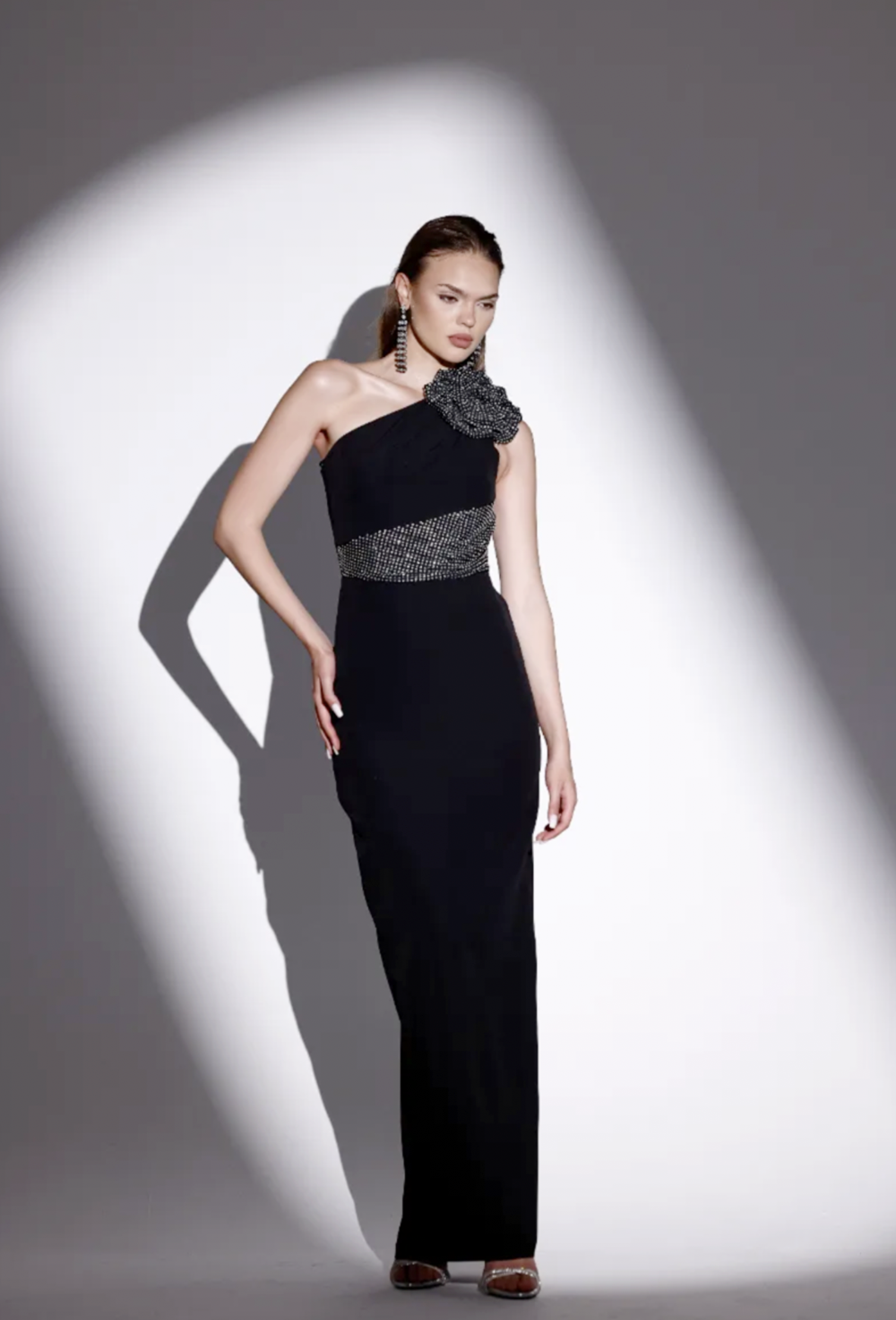 One Shoulder Crystal Floral Detail Maxi Dress Black