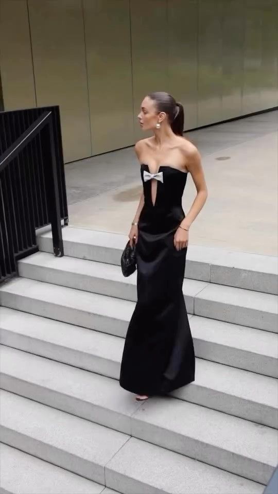 Strapless Crystal Bow Maxi Dress Black HV1775